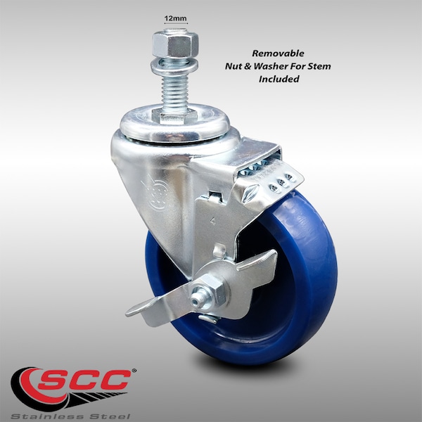 4 Inch SS Solid Polyurethane Swivel 12mm Threaded Stem Caster with Brake SCC